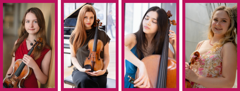 Camellia soloists hold violins